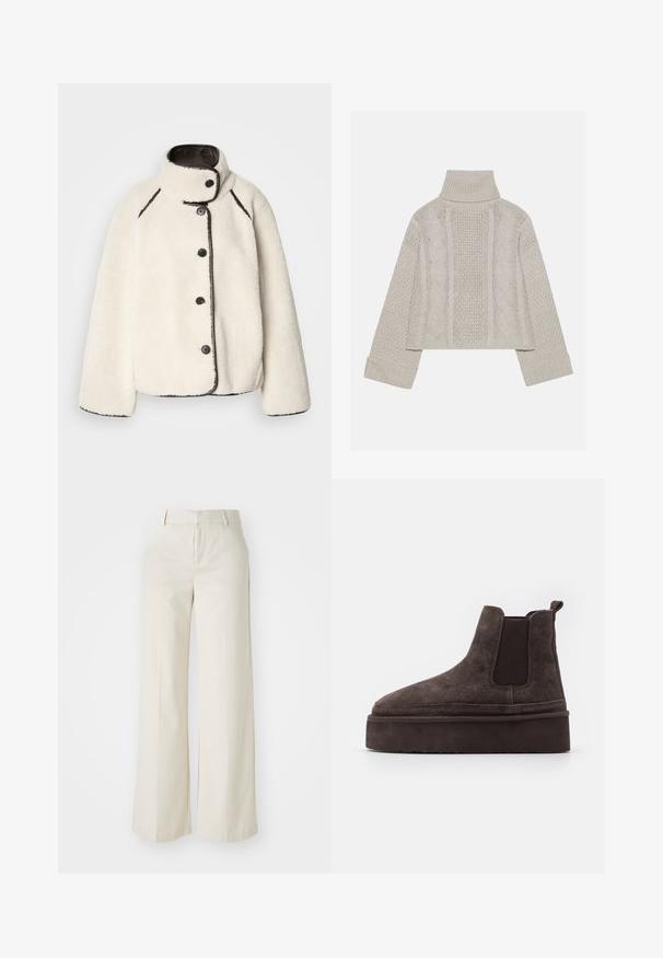 Krémový fleecový kabát s vysokým golierom, čiernymi detailmi a piatimi čiernymi gombíkmi pozdĺž prednej strany. Má uvoľnený strih a mäkkú textúru.; Zastrihnutý svetlý sivý pletený sveter s vysokým golierom a rebrovanými manžetami, so štruktúrovanými káblovými vzormi na chrbte a po stranách.; Široké nohavice svetlej béžovej farby, vyrobené z hladkej textílie. Majú klasický pás a rovný predok s čistými líniami.; Hnedé semišové Chelsea topánky s elastickými bočnými panelmi a hrubou, štruktúrovanou platformou. Obsahujú pútko na päte pre jednoduché obúvanie.