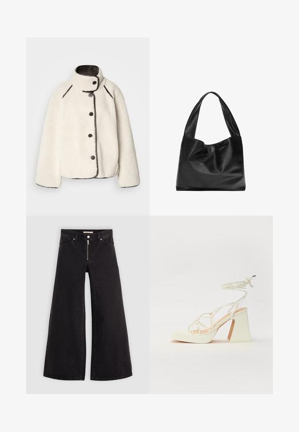 Bela flis jakna z visokim ovratnikom, črnimi obrobami in petimi črnimi gumbi spredaj. Ima sproščen kroj in mehko teksturo.; Črno-beli dolg rokav t-shirti z okroglimi izrezi, mehkim blagom in prilegajočim dizajnom z ravnimi robovi.; Široke traperice iz črnega denima z zadrgo spredaj, petimi žepi in diskretnimi šivi. Gladka tekstura in ležeren slog.; Bela sandala na visokih petah s debelim petam, ki ima obliko trakcev in vezanje okoli gležnja. Gladka tekstura z platformo spredaj za dodatno višino.; Črna usnjena torba za ramo z mehkobo, ohlapno zasnovo, širokimi ročaji in gladko teksturo. Ni vidne opreme ali okraskov.