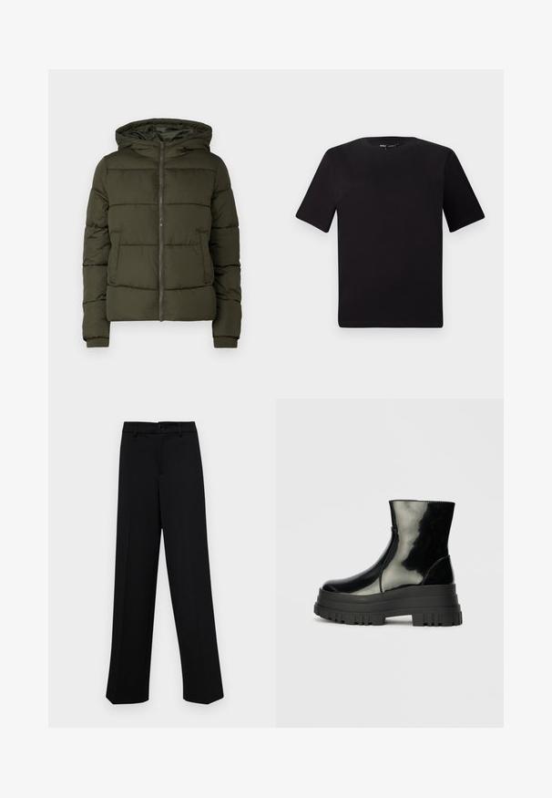 Maslinasto zeleni pufer jakna s kapuljačom, zatvaranjem na patentni zatvarač i prednjim džepovima. Ima kviltani dizajn i rebraste manžete. Glatka tekstura.; Crna majica kratkih rukava s okruglim izrezom, izrađena od mekane pamučne tkanine. Jednostavan dizajn, bez vidljivih logotipa ili uzoraka.; Crne široke hlače od glatkog materijala, s klasičnim pojasom koji se zatvara dugmetom i prednjim naborima.; Crna sjajna čizma do ankleta s debelim zupčastim potplatom i zaobljenim vrhom, bočni pogled na jednostavnoj svijetlosivoj pozadini.