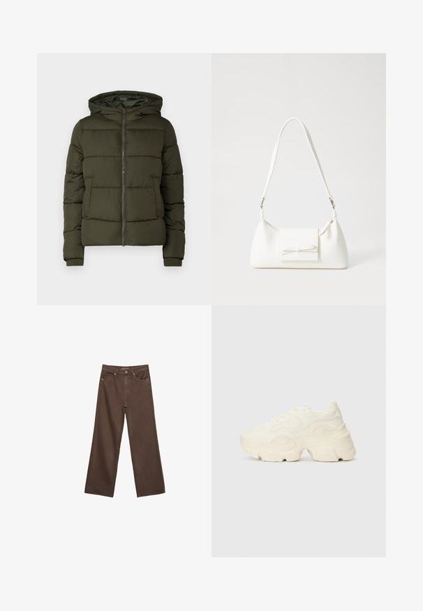 Olivgrön puffjacka med huva, dragkedjestängning och framfickor. Har kviltad design och ribbad ärmslut. Slätt material.; Vit t-shirt med kort ärm i bomull. Har en rundad halsringning och en avslappnad passform. Slät textur utan synliga mönster eller detaljer.; Breda bruna jeans i denim med hög midja, framfickor och klassisk knäppning. Slät textur med subtil sömnad.; Tjocka vita sneakers gjorda av texturerat mesh och syntetiska material, med en tjock sula och intrikata mönsterdetaljer längs sidorna.; Vit syntetisk handväska med triangulär form, platt framklaff och rosettdetalj, justerbar rem, slät textur och minimalistisk design.