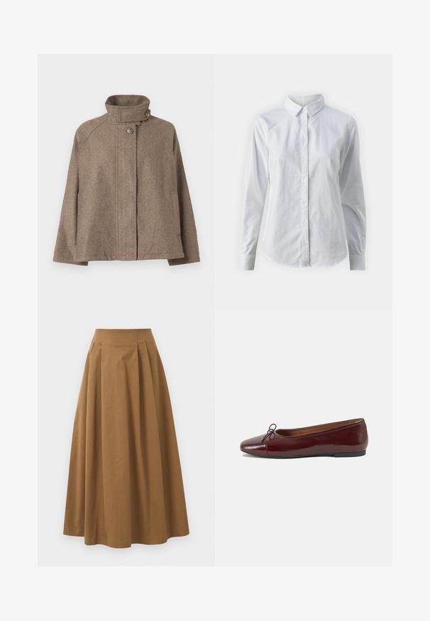 Veste en laine marron avec col montant, fermeture à boutons, manches longues et poches latérales, présentée sur un fond uni.; Chemise blanche à manches longues en coton lisse, dotée d'un col classique et d'un ourlet arrondi. Les boutons sont petits et blancs.; Jupe A-line en coton brun avec taille haute, dotée de plis sur le devant et d'une texture lisse. Les finitions de l'ourlet sont nettes et simples.; Ballerines en cuir verni bordeaux avec un bout rond, un petit nœud décoratif à l'avant et une semelle en caoutchouc noire basse. Texture lisse.