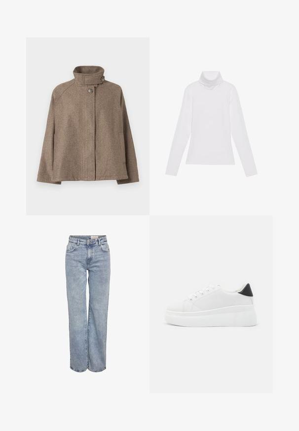 Veste en laine marron avec col montant, fermeture à boutons, manches longues et poches latérales, présentée sur un fond uni.; Haut à col roulé à manches longues blanc, fabriqué en tissu lisse et extensible. Il présente un col haut et une coupe ajustée, sans motifs ni embellissements visibles.; Jeans larges bleu clair en denim, dotés d'une taille haute, d'un design à cinq poches et d'un léger dégradé pour un aspect usé.; Baskets plates blanches en matériau synthétique lisse, avec un bout arrondi, un design à lacets et une semelle en caoutchouc texturé. Accent de talon noir.