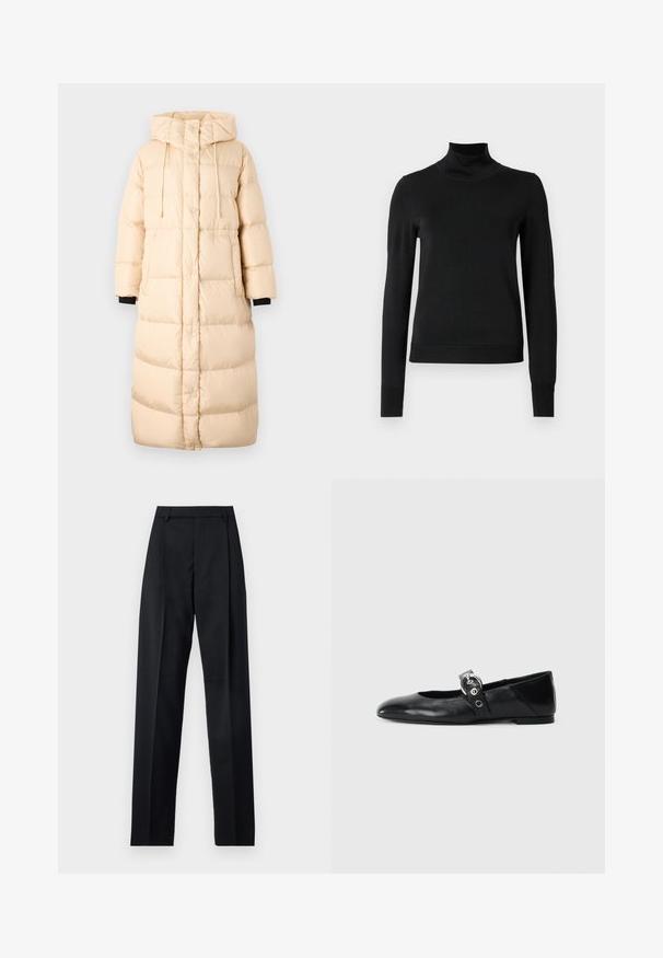 WEEKEND MaxMara DOLLY - Dunfrakker - bianco avorio; Sort langærmet turtleneck sweater med ribbede manchetter og kant, vist på en simpel hvid baggrund.; Sorte bukser lavet af glat stof, der har høj talje, brede ben, frontfolder og klassiske bælteløkker. Ingen synlige sidelommer.; Sorte læder balletflade med spids tå, udstyret med en rem med en cirkulær metallisk spænde og en flad sål.