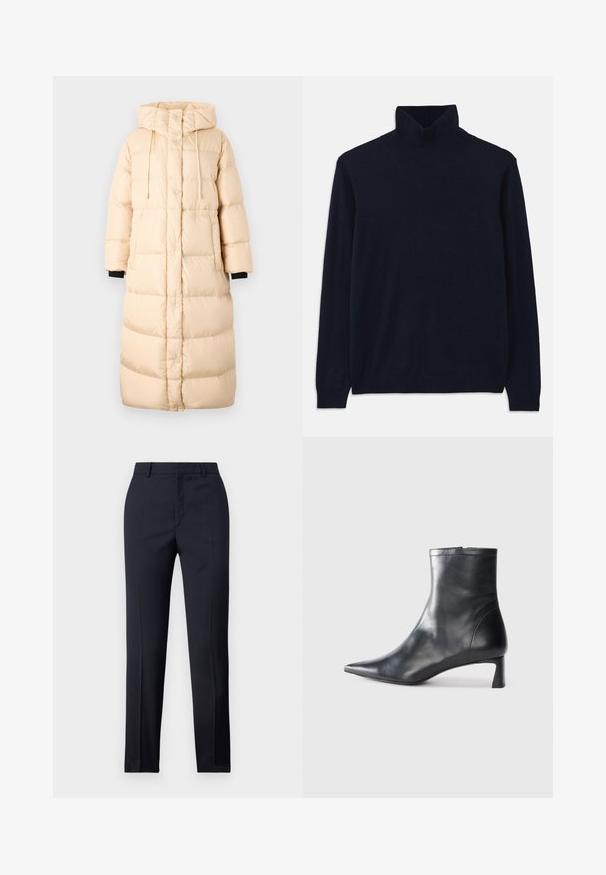 WEEKEND MaxMara DOLLY - Donsjas - bianco avorio; Marineblauwe coltrui met lange mouwen, gemaakt van zacht breisel. Heeft een geribbelde kraag en manchetten, met een eenvoudig ontwerp en zonder patronen.; Marineblauwe, op maat gemaakte broek met een rechte snit, met een gladde textuur, twee zijzakken en een schone tailleband.; Zwarte leren enkellaars met een spitse neus en een slank ontwerp. Heeft een lage hak en een ritssluiting aan de achterkant. Gladde textuur.