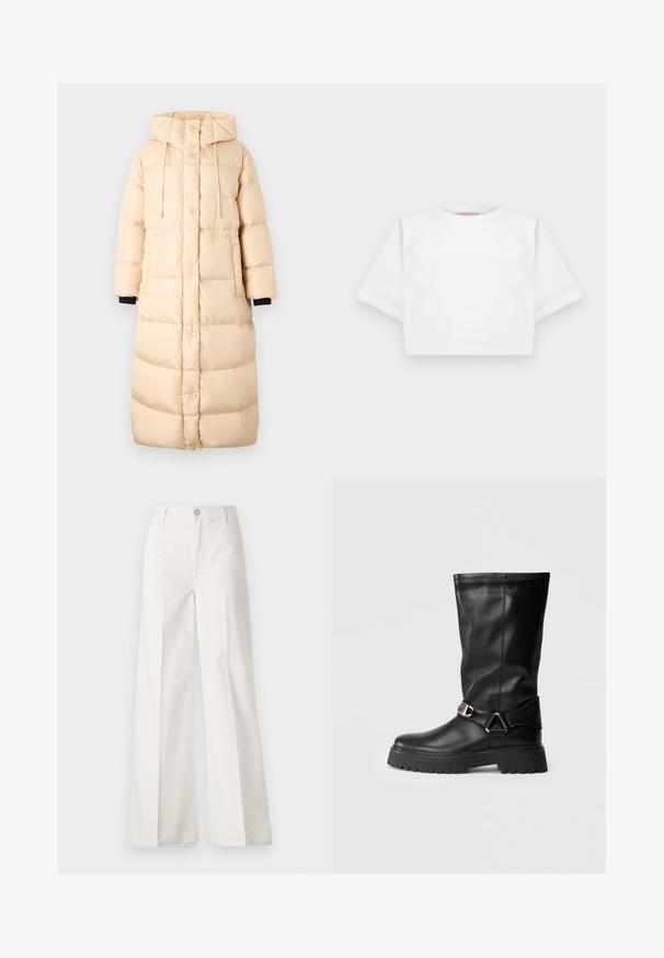 WEEKEND MaxMara DOLLY - Down coat - bianco avorio; Cropped white t-shirt made of soft fabric, featuring short sleeves, a round neckline, and ribbed hem details. Simple and unembellished design.; White wide-leg trousers made from cotton with a smooth texture. Features a front button, zipper fly, and four-pocket design.; Black knee-high boots made of smooth leather, featuring a buckle accent on the side and a thick, textured sole for grip.
