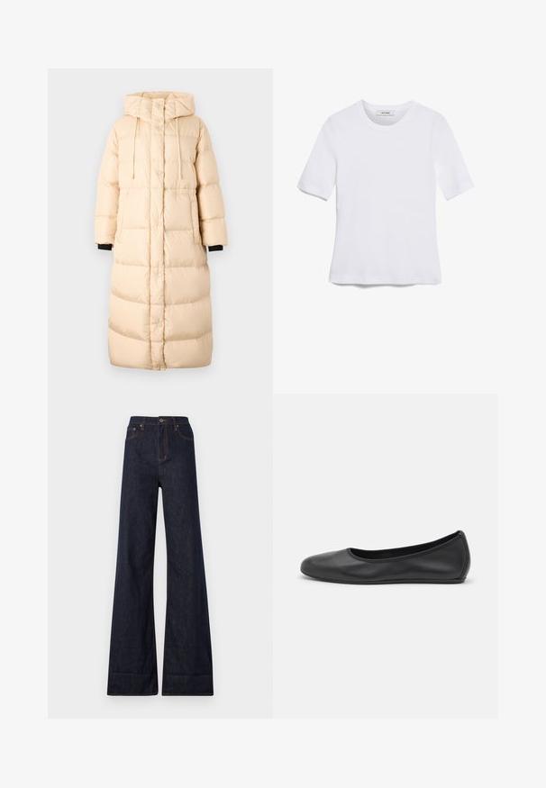 WEEKEND MaxMara DOLLY - Down coat - bianco avorio; White short-sleeve t-shirt made of ribbed fabric. Round neckline, regular fit, and subtle stitching details. No patterns or graphics.; Ksubi STRIDER CUFF ORIGINAL - Wide Leg - blue denim; Black leather ballet flat with a rounded toe, smooth texture, minimal stitching detail, and a flexible sole design.