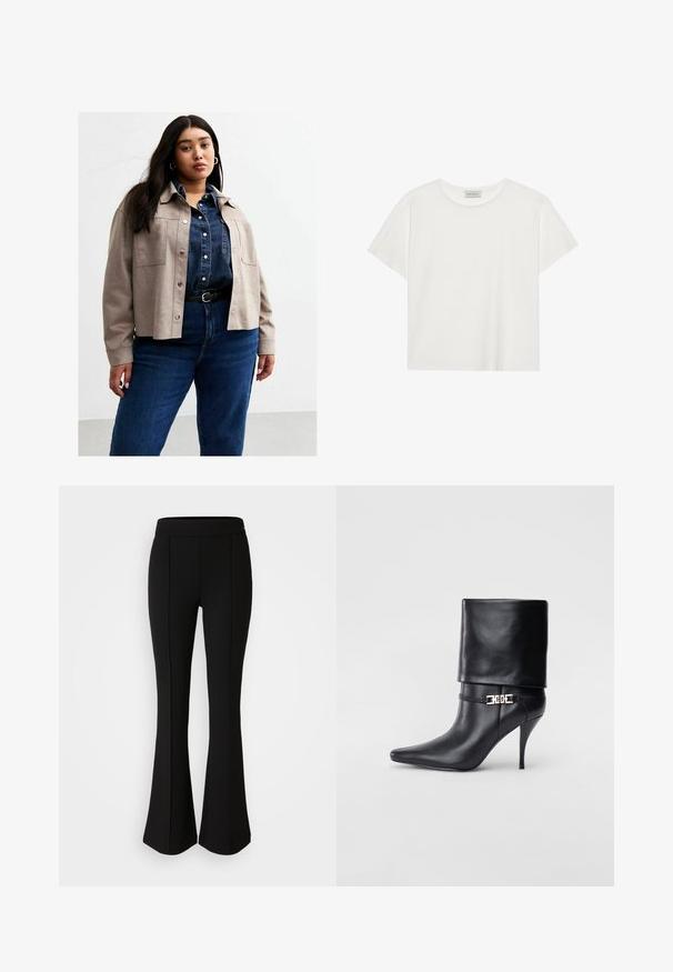 Grijze suède jas met drukknoopsluitingen, twee voorzakken, gedragen over een donkerdenim overhemd, gecombineerd met hoge blauwe jeans en een zwarte riem.; Witte T-shirt met korte mouwen, gemaakt van zachte katoen. Heeft een ronde halslijn en een relaxte pasvorm. Schoon ontwerp zonder zichtbare patronen of accenten.; Zwarte flared broek gemaakt van een rekbaar materiaal met een gladde textuur, met naaddetails aan de voorkant voor extra ontwerp.; Zwarte leren enkelboot met een spitse neus, hoge stilettohak, opgevouwen manchet en een gouden decoratieve gespdetails op de enkel.