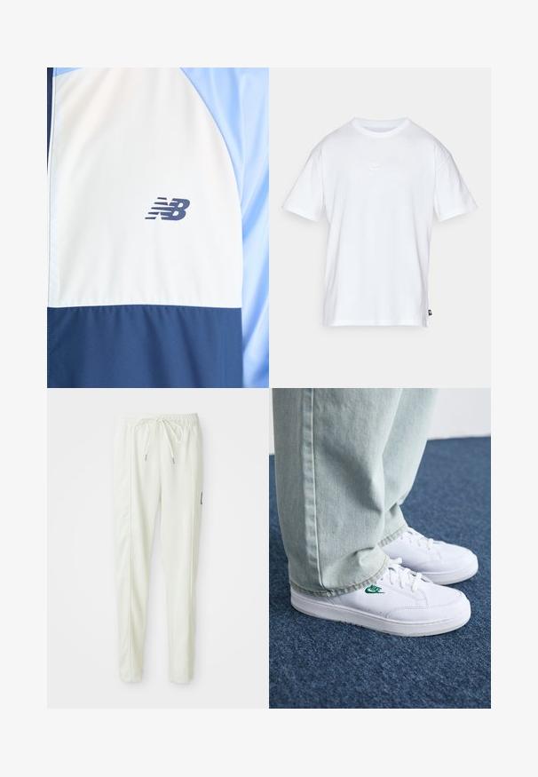 Bela in mornarsko modra športna jakna z svetlo modrimi rokavi, z majhnim črnim logotipom New Balance na prsih.; Bela bomba iz bombaža s kratkimi rokavi in okroglo ovratnikom. Ima majhen, diskreten Nike logotip na prsih in stranski etiket.; Beli ožji jogger hlače s prilagodljivim pasom in vrvico, z bočnimi šivi in majhnim črnim patcheom na desni nogi.; Bela usnjena športna obutev z zelenim Nike logotipom, okrogla konica, ravna podplat, v kombinaciji z svetlo modrimi kavbojkami, prikazana na modrem preprogu.