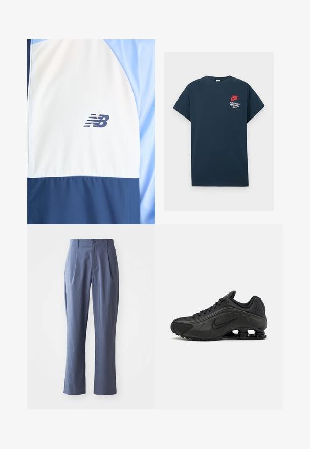Bela in mornarsko modra športna jakna z svetlo modrimi rokavi, z majhnim črnim logotipom New Balance na prsih.; Temno modra bombažna majica s kratkimi rokavi. Ima rdečo Nikeovo logo in belo besedilo "DOVOLJENI SAMO OSEBJU" na levem prsnem delu.; Temno modri hlače z naborki, ravnega kroja, narejene iz lahkega materiala, s posameznim zapiranjem na sprednji gumb in zanke za pas.; Črne tekalne čevlje z gladkim sintetičnim zgornjim delom, perforiranimi poudarki, teksturiranimi stranskimi paneli in edinstvenim elastičnim podplatom.