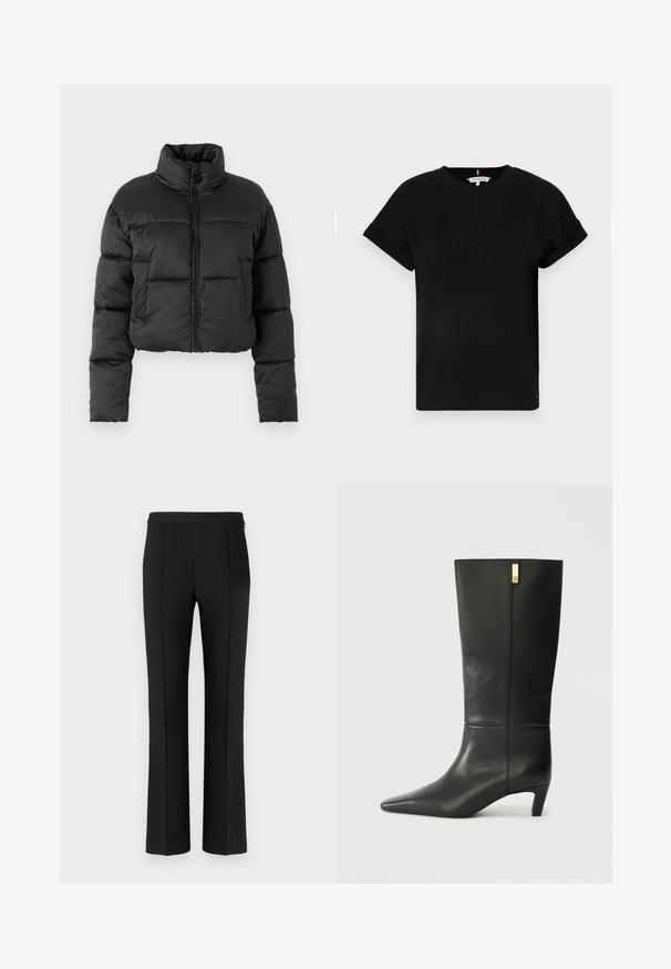 Svart kort puffjakke med høy krage, glidelås foran og glitrende dekorasjoner. Har quiltet tekstur og sidelomme.; Svart bomull T-skjorte med rullet kort erm, med et preget logo i midten og en liten flaggdetalj på siden.; Svarte skreddersydde bukser med en jevn tekstur, med en rett benklipp, sentrerte frontpressinger og et minimalistisk beltedesign.; Sorte lærknæhøje støvler med spids tå og en lille hæl. Har et strømlinet design med en gylden accentdetalje. Glat tekstur.