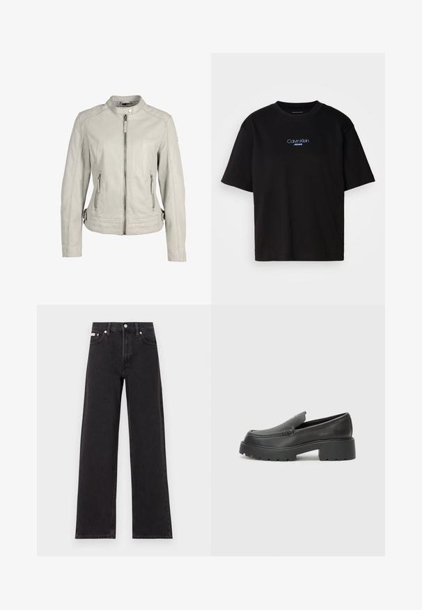 Lichtgrijze leren jas met een kraag, een ritssluiting aan de voorkant en twee ritszakken. Kenmerkt zich door gestikte accenten op de taille.; Zwart katoenen T-shirt met ronde hals, korte mouwen en blauw geborduurd "Calvin Klein JEANS" logo op de voorkant.; Zwarte wijde spijkerbroeken van denim, met een hoge taille, vijf-pocket stijl en een metalen knoopsluiting met contrasterende stiksels.; Zwarte leren instappers met een ronde neus, dikke getextureerde zool en minimale stikseldetails. Strak ontwerp zonder zichtbare veters of hardware.
