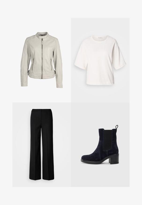 Lichtgrijze leren jas met een kraag, een ritssluiting aan de voorkant en twee ritszakken. Kenmerkt zich door gestikte accenten op de taille.; Witte katoen t-shirt met een ontspannen pasvorm, korte omslagmouwen, ronde hals en een gladde textuur. Eenvoudig, minimalistisch ontwerp.; Zwarte wijde broek van een gladde stof, met een hoge taille, nauwkeurig gestikte naden en een minimalistisch ontwerp. Geen zichtbare hardware of zakken.; Marineblauwe suède enkellaars met elastische zijpaneel, ronde neus en blokhak. Gemêleerd weefsel en een gladde zool voegen contrast toe.