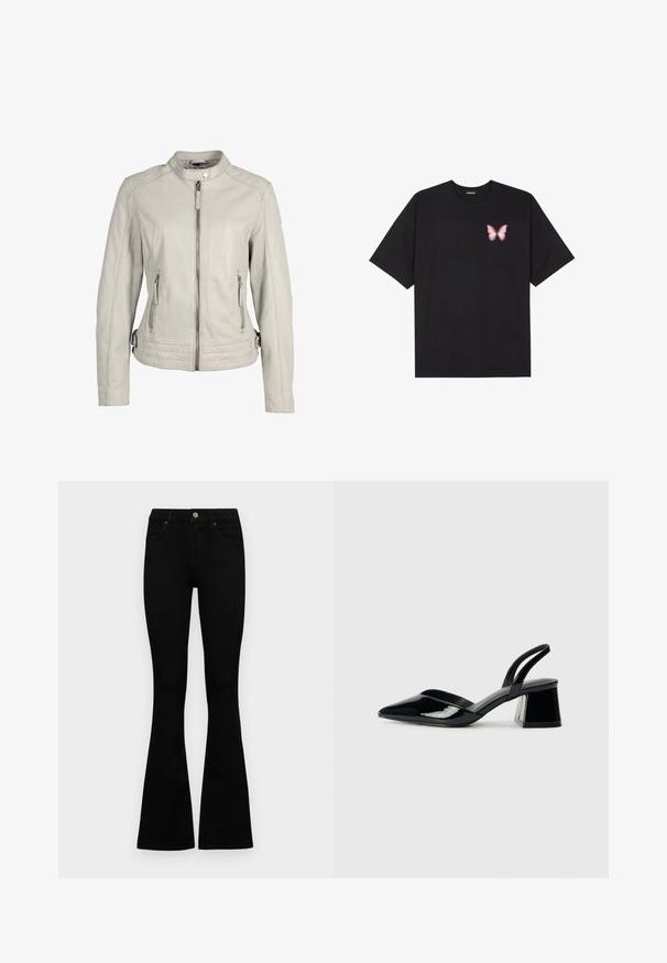 Lichtgrijze leren jas met een kraag, een ritssluiting aan de voorkant en twee ritszakken. Kenmerkt zich door gestikte accenten op de taille.; Zwarte katoenen t-shirt met korte mouwen, voorzien van een kleine roze vlinder graphic op de linkerkant van de borst. Crew neck ontwerp met een relaxte fit.; Zwarte hoge taille jeans met een knoop- en ritssluiting, voorzakken en een flared pijp, plat gelegd op een witte achtergrond.; Zwarte gepatineerde leren slingback hakken met een spitse neus en een geometrische blokhak. Kenmerkt zich door een slank, minimalistisch ontwerp en een gladde textuur.