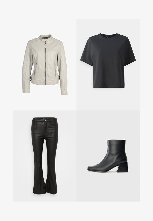 Lichtgrijze leren jas met een kraag, een ritssluiting aan de voorkant en twee ritszakken. Kenmerkt zich door gestikte accenten op de taille.; Zwarte katoenen t-shirt, korte mouwen, ronde hals, losse pasvorm, gladde textuur, eenvoudig ontwerp, geen patronen of accenten.; Zwarte flared broek met een glanzende, lederen uitstraling, voorzien van voorzakken, een knoopsluiting en zijsplitten aan de zoom.; Zwarte leren enkellaars met vierkante neus, zijrits en blokhak tegen een effen lichte achtergrond.