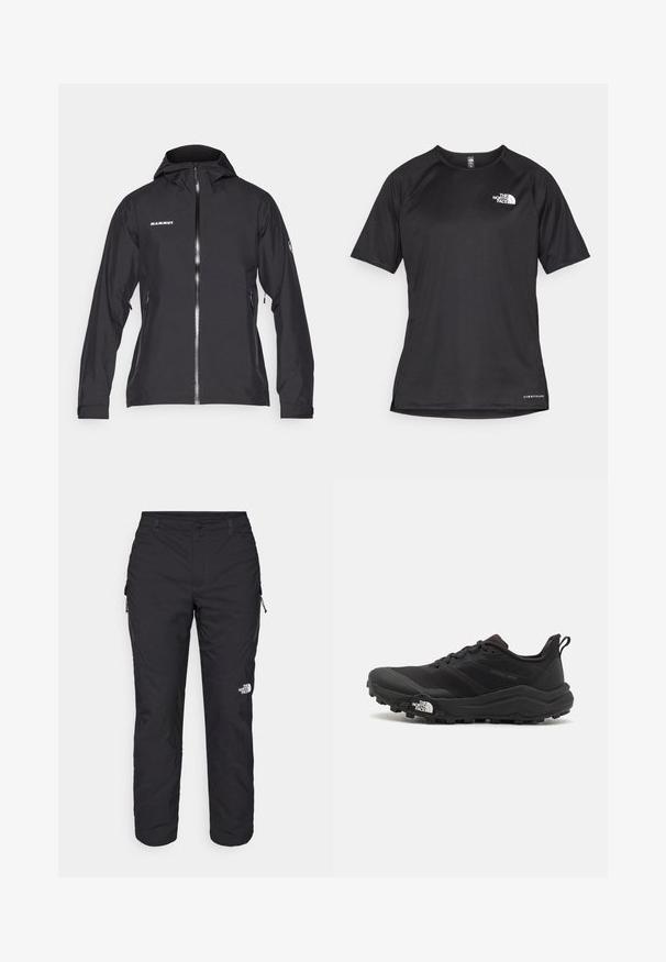 Svart vanntett Mammut-jakke med glidelås foran, justerbar hette, glidelåslommer på sidene, og logodetaljer på brystet og ermet.; Svart kortermet treningstrøye med strukturert stoff, med en hvit logo på venstre bryst og rett kant.; The North Face WINTER EXPLORATION TAPERED CARGO - Friluftsbukser - black; Svart terrengløpesko med teksturert overdel, gummisåle og forsterket tåhette. Har polstret krage og løftestropp for enkel påkledning.