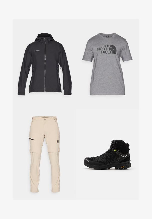 Sort vandtæt Mammut-jakke med lynlås fortil, justerbar hætte, lynlåsede sidelommer og logo-detalje på brystet og ærmet.; Grå kortærmet t-shirt lavet af bomuldsblanding, med et sort grafisk print af "THE NORTH FACE" og en buet logo detalje foran.; Mammut RUNBOLD ZIP OFF PANTS MEN - Outdoorbukser - savannah; Sort vandrestøvle med struktureret overdel, forstærket tå og Vibram-sål. Snøresystemet inkluderer kroge for en sikker pasform.