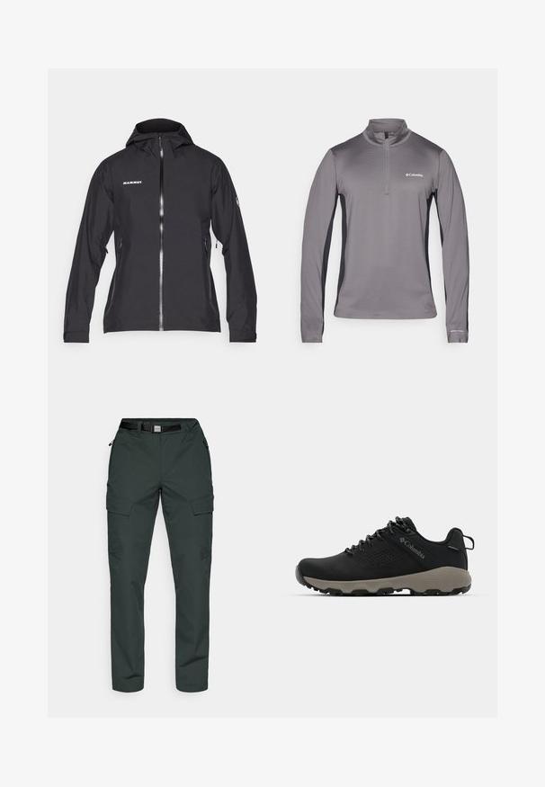 Chaqueta impermeable negra de Mammut con cremallera frontal, capucha ajustable, bolsillos laterales con cremallera y detalle del logo en el pecho y la manga.; Suéter gris de manga larga con media cremallera, tejido texturizado, paneles laterales en negro contrastantes y pequeño logo en el pecho.; Pantalones cargo en verde oscuro, fabricados con un tejido duradero. Las características incluyen un cinturón, bolsillos con cremallera y un ajuste entallado con un ligero estiramiento.; Zapato de senderismo negro con una parte superior lisa, diseño perforado, suela gris y talón reforzado. Cuenta con cordones y un asa para facilitar el uso.