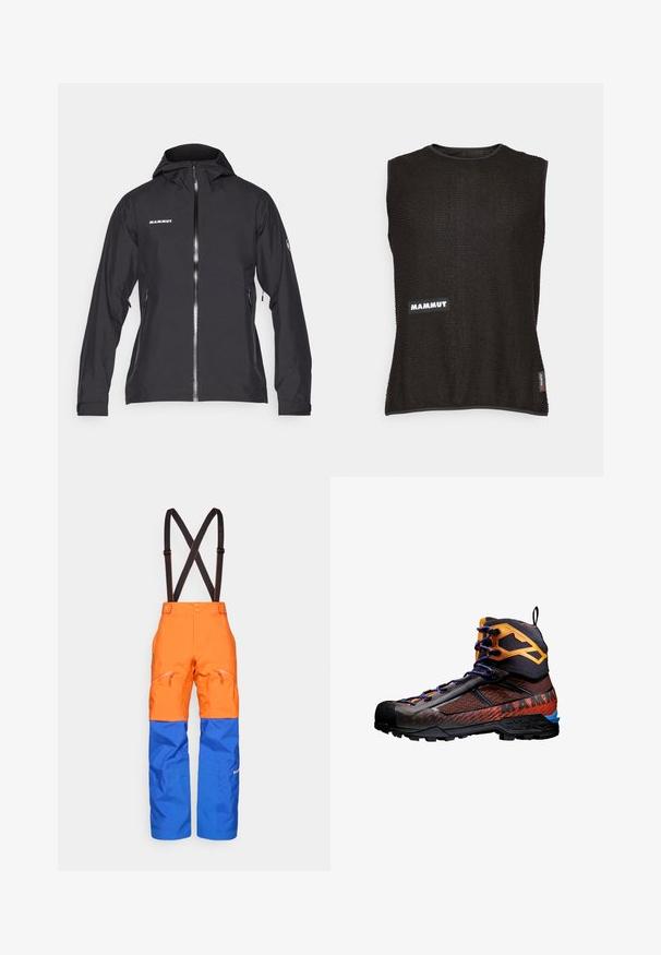 Sort vandtæt Mammut-jakke med lynlås fortil, justerbar hætte, lynlåsede sidelommer og logo-detalje på brystet og ærmet.; Ærmeløs sort top med tekstureret materiale, der har et hvidt "Mammut" logo og et lille rødt accentmærke på siden, rund halsudskæring.; Orange og blå vandtætte bukser med sorte justerbare seler, frontlomme med lynlås og forstærkede knæpaneler til udendørs aktiviteter.; Sort og orange vandrestøvle lavet af mesh og gummimaterialer. Har blå accenter, teksturerede mønstre og en høj ankeludformning for støtte.