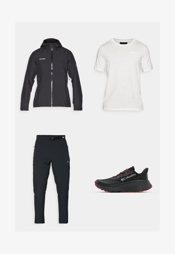 Sort vandtæt Mammut-jakke med lynlås fortil, justerbar hætte, lynlåsede sidelommer og logo-detalje på brystet og ærmet.; Hvid kortærmet t-shirt lavet af blødt stof. Har en rund halsudskæring og et subtilt brandingdetail i midten foran.; Columbia ESSENTIAL HIKE™ PANT - Outdoorbukser - black; Sort atletisk sko med struktureret overdel, røde snørebånd og logo. Tykk sål med mønstret bund for godt greb. Minimalistisk design, set fra siden.