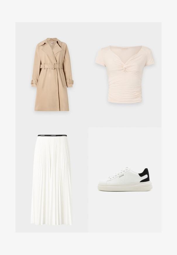 Béžový trenčkot vyrobený z hladkej tkaniny, s pásom v páse, širokými klopami a gombíkovými manžetami. Obsahuje dve predné vrecká.; Svetlo béžový top s krátkym rukávom a výstrihom do V, s detailom twist vpredu, pričom po stranách má nahrnutú textúru pre priliehavý dizajn.; Plisovaná biela sukňa s čiernym elastickým pásom s logom "LACOSTE". Sukňa je stredne dlhá a má mäkkú textúru.; Biele kožené tenisky s hrubou bielou podrážkou, čiernym zamekom na päte a vyrazeným logom na boku. Šnurovací dizajn so šiestimi očkami.