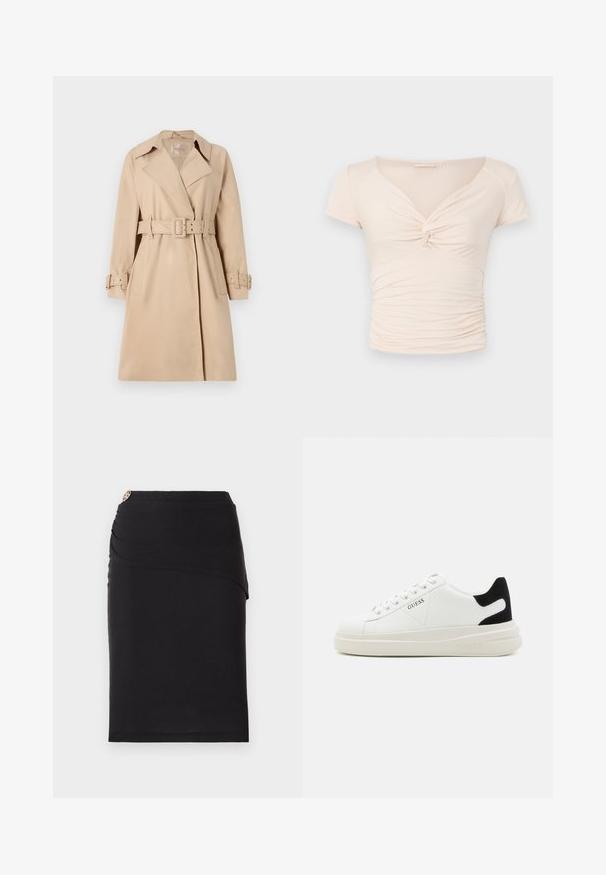 Béžový trenčkot vyrobený z hladkej tkaniny, s pásom v páse, širokými klopami a gombíkovými manžetami. Obsahuje dve predné vrecká.; Svetlo béžový top s krátkym rukávom a výstrihom do V, s detailom twist vpredu, pričom po stranách má nahrnutú textúru pre priliehavý dizajn.; Čierna sukňa v ceruzkovom strihu s drapovaným predným dizajnom, s dekoratívnym kovovým akcentom v oblasti pásu. Vyrobená z elastického materiálu.; Biele kožené tenisky s hrubou bielou podrážkou, čiernym zamekom na päte a vyrazeným logom na boku. Šnurovací dizajn so šiestimi očkami.