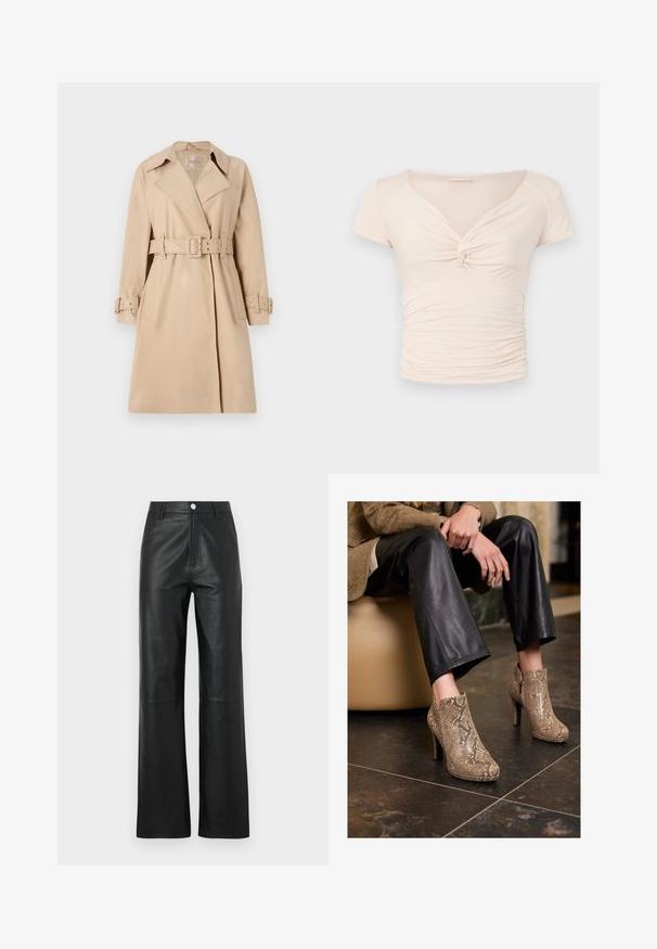 Béžový trenčkot vyrobený z hladkej tkaniny, s pásom v páse, širokými klopami a gombíkovými manžetami. Obsahuje dve predné vrecká.; Svetlo béžový top s krátkym rukávom a výstrihom do V, s detailom twist vpredu, pričom po stranách má nahrnutú textúru pre priliehavý dizajn.; Čierne kožené nohavice s hladkým povrchom, širokým strihom, zapínaním na prednej strane a jemnými prešívacími detailami.; Osoba oblečená v čiernych kožených nohaviciach a béžových členkových topánkach na vysokých podpätkoch so vzorom hadej kože, sedí na béžovom sedadle vo vnútri.
