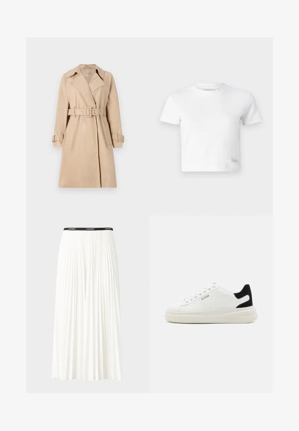 Trench coat beige in tessuto liscio, con vita a cintura, ampi risvolti e polsini con bottoni. Inclusi due tasche frontali.; T-shirt cropped bianco realizzato in cotone liscio, con un collo alto e maniche corte. Piccolo logo ricamato nell'angolo inferiore.; Gonna bianca plissettata con elastico nero in vita che presenta il logo "LACOSTE". Design di lunghezza media con texture morbida.; Sneaker bianchi in pelle con suola spessa bianca, accento in suede nero sul tallone e logo impresso sul lato. Design con lacci e sei fori per i lacci.