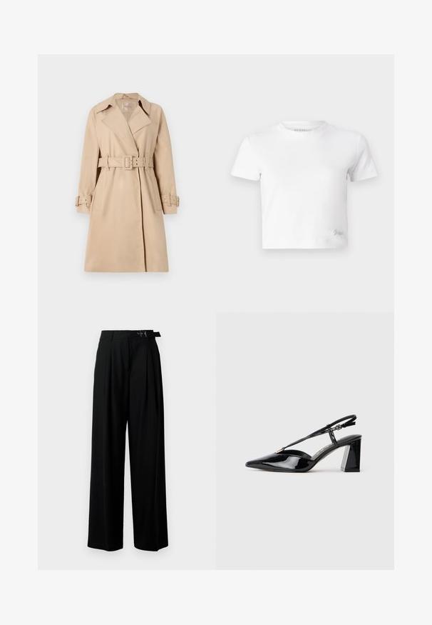 Beige trenchcoat lavet af glat stof, med bælte i taljen, brede kraver og knaplukning ved ærmerne. To forlommer er inkluderet.; Hvid kortærmet t-shirt lavet af glat bomuld med høj hals og korte ærmer. Lille broderet logo i bunden af hjørnet.; Sort vide-bein bukser med høj talje, læg foran og et bælte med spænde. Fremstillet af glat, let materiale.; Sorte laklæder slingback højhælede sko med spids tå, justerbar rem og chunky rektangulær hæl.