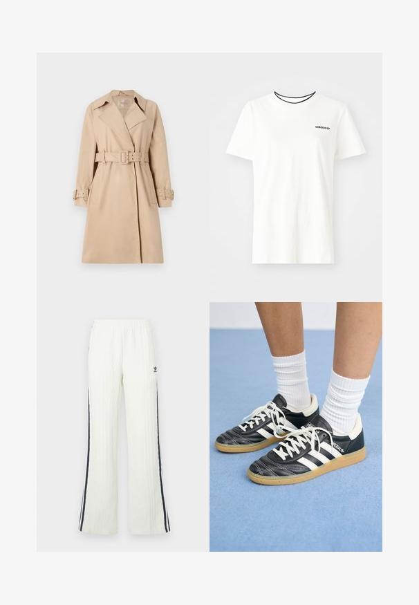 Beež mantel sile sisepinnaga, millel on vöökoha rihm, laiad kraed ja nööpidega mansetid. Kahel esiküljel on taskud.; Valge puuvillasest t-särgist lühikeste varrukatega ja ümarate kaelustega. Rinnal on must Adidas'i logo ning kontrastne must sisekaelus.; Valge-kreemjas, soonikkoes püksid, millel on alt laienev lõige. Küljel on tumesinised triibud ja puusal Adidas logo. Elastne vöökoht.; Mustad nahast tennisetossud valgete triipudega, ümar nina, valged paelad ja kummist tallad. Esiletõstetud pehmendatud krae ja brändingu detailid.