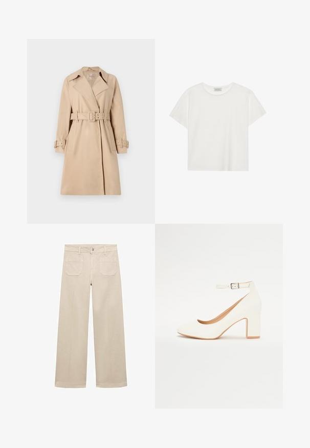 Trench coat beige in tessuto liscio, con vita a cintura, ampi risvolti e polsini con bottoni. Inclusi due tasche frontali.; T-shirt bianco a maniche corte realizzato in morbido cotone. Presenta un collo rotondo e una vestibilità comoda. Design pulito senza modelli o dettagli visibili.; Pantaloni beige a gamba larga in cotone. Presentano una chiusura con zip, un bottone frontale e due tasche applicate sul retro. Orlo pulito senza decorazioni.; Scarpa bianca con tacco alto, punta affusolata, tacco blocco e cinturino alla caviglia. Finitura liscia con una leggera lucentezza e rivestimento interno beige.