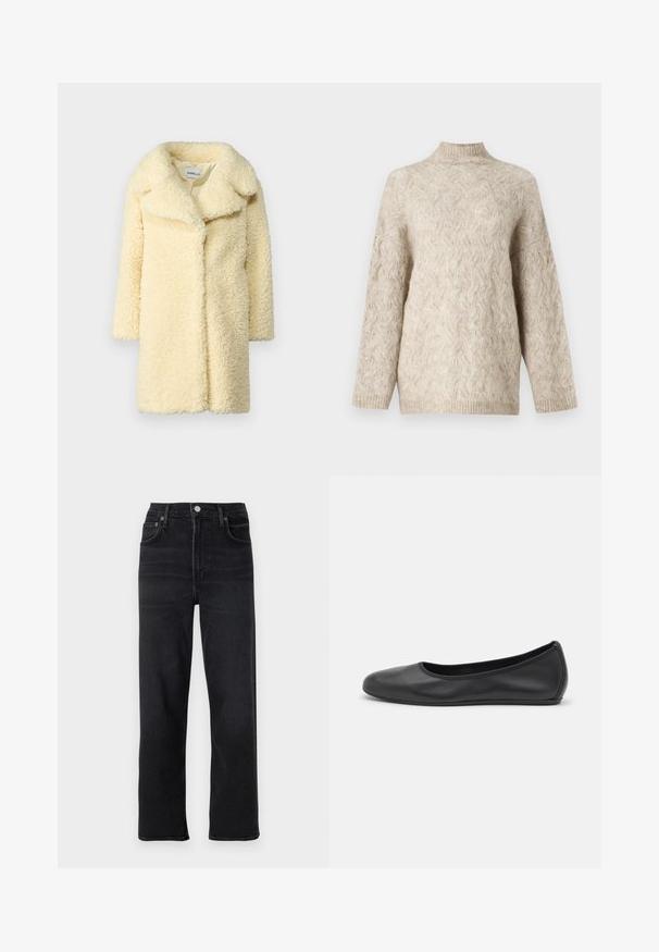 Krämfärgad shearlingjacka med bred krage, långa ärmar och avslappnad passform. Har en mjuk textur och inga synliga knäppningar.; Beige stickad tröja med hög krage, prydd med ett texturerat kabelmönster och lösa ärmar. Tillverkad av mjukt, fluffigt garn.; Svarta raka jeans i denim. Har fem fickor, knäppning med knapp och dragkedja, samt subtila sömdetaljer.; Svart läderballerinaskor med rund tå, slät yta, minimala söm detaljer och en flexibel sula.