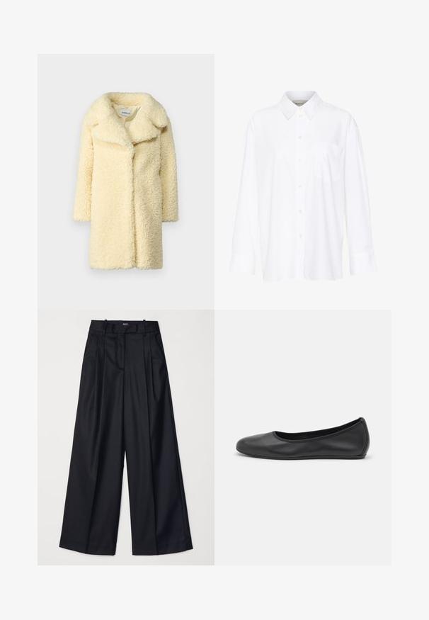 Kreemkrāsas šerlinga mēteli ar platām atloks, garām piedurknēm un brīvu piegriezumu. Tam ir mīksta tekstūra un nav redzamu aizdari.; Baltais garo piedurkņu krekls ar apkakli, izgatavots no kokvilnas. Aprīkots ar pogu aizdari priekšā un vienu krūšu kabatu. Gluda tekstūra, brīvs piegriezums.; Melnas platas kājas bikses no gludas auduma, ar augstu jostasvietu, krokām un pielāgotu dizainu. Vienkārša melna aparatūra jostasvietā.; Melna ādas baleta kurpe ar noapaļotu purngalu, gludu tekstūru, minimālu šuvju detalizāciju un elastīgu zoles dizainu.