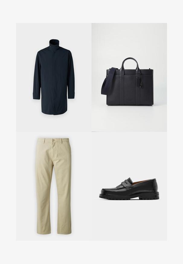 Jachetă de vânt navy cu guler înalt, închidere cu două butoane, mâneci lungi și buzunare laterale. Fabricată dintr-un material ușor, rezistent la apă.; Pulover negru cu guler înalt, realizat dintr-un material moale, cu mâneci lungi și o croială ajustată. Tiv și mansete cu margine ondulată. Design simplu.; Pantaloni din bumbac bej cu un design drept, închidere frontală cu buton și curea. Textură netedă, fără modele sau accente vizibile.; Mocasinii din piele neagră au o cusătură ridicată, două bare decorative pe partea superioară și o talpă groasă texturată pentru o aderență suplimentară.; Servietă din piele de culoare albastru închis, cu două mânere superioare și o curea detasabilă. Prezintă un finisaj texturat, cusături verticale și detalii cu logo.