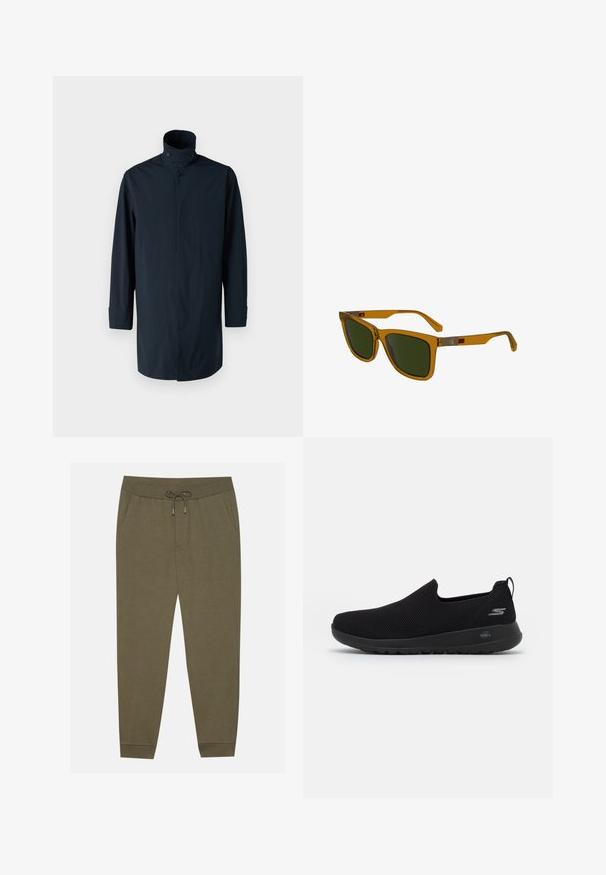 Granatowa wiatrówka z wysokim kołnierzem, podwójnym zapięciem na guziki, długimi rękawami i bocznymi kieszeniami. Wykonana z lekkiego, wodoodpornego materiału.; Koszula z długim rękawem w granatowo-kremową kratę, z kołnierzykiem na guziki, z materiału bawełnianego, z zaokrąglonym dołem i kontrastującymi guzikami.; Oliwkowe spodnie dresowe z elastycznym pasem, sznurkiem, bocznymi kieszeniami oraz zwężanymi nogawkami. Wykonane z miękkiego materiału o gładkiej teksturze.; Czarne sneakersy wsuwane z przewiewną siateczką na górze, okrągłym noskiem i amortyzowaną gumową podeszwą. Posiadają logo po boku.; Brązowe przezroczyste okulary przeciwsłoneczne z zielonymi soczewkami, prostokątnego kształtu, z lekko kanciastymi zausznikami i srebrnymi metalowymi akcentami na ramionach.