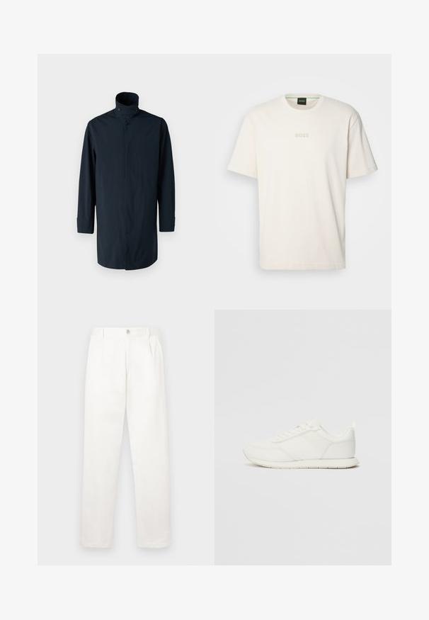 Tengerészkék szélálló kabát magas gallérral, dupla gombos záródással, hosszú ujjakkal és oldalsó zsebekkel. Könnyű, vízálló anyagból készült.; BOSS TEE - Basic póló - open white; Fehér nadrág sima anyagból, egyenes lábbal, elülső pliszékkal és egy gombos záródással a derékon.; Fehér sneaker hálós és szintetikus felsőrésszel, kerek orral, lapos fűzőkkel és textúrázott oldalsávval. Gumi talp hátul húzófüllel.