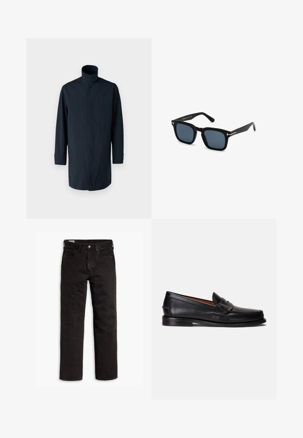 Marineblauwe windjack met hoge kraag, dubbele knoopsluiting, lange mouwen en zijzakken. Gemaakt van lichtgewicht, waterafstotende stof.; Zwarte katoenen t-shirt met een ronde hals en korte mouwen. Heeft een subtiel logo aan de voorkant en een rechte zoom. Eenvoudig en minimalistisch ontwerp.; Zwarte recht gesneden denim jeans met vijf zakken, knoopsluiting en riemlussen, plat gelegd op een witte achtergrond.; Zwarte leren loafers met een gladde afwerking, een afgeronde neus en een decoratief bandje over de wreef. Voorzien van een lage zwarte zool.; Zwarte vierkante zonnebril met donkere lenzen, matte afwerking en gouden metalen accenten op de poot, met een minimalistisch ontwerp.