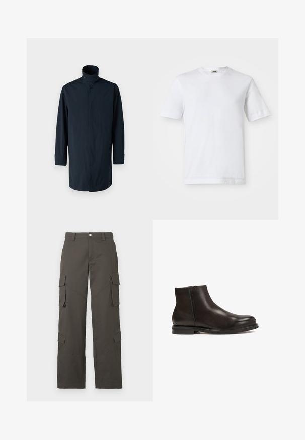 Jachetă de vânt navy cu guler înalt, închidere cu două butoane, mâneci lungi și buzunare laterale. Fabricată dintr-un material ușor, rezistent la apă.; Tricou alb din bumbac, cu mâneci scurte, guler rotund și textură netedă. Nu sunt vizibile modele sau accente.; Pantaloni cargo drepti, de culoare gri închis, cu închidere cu nasture și patru buzunare cu clapetă, două pe coapse și două aproape de gambe.; Botine negre din piele cu o textură netedă, vârf rotund și toc mic. Au un fermoar lateral pentru a fi ușor de purtat.