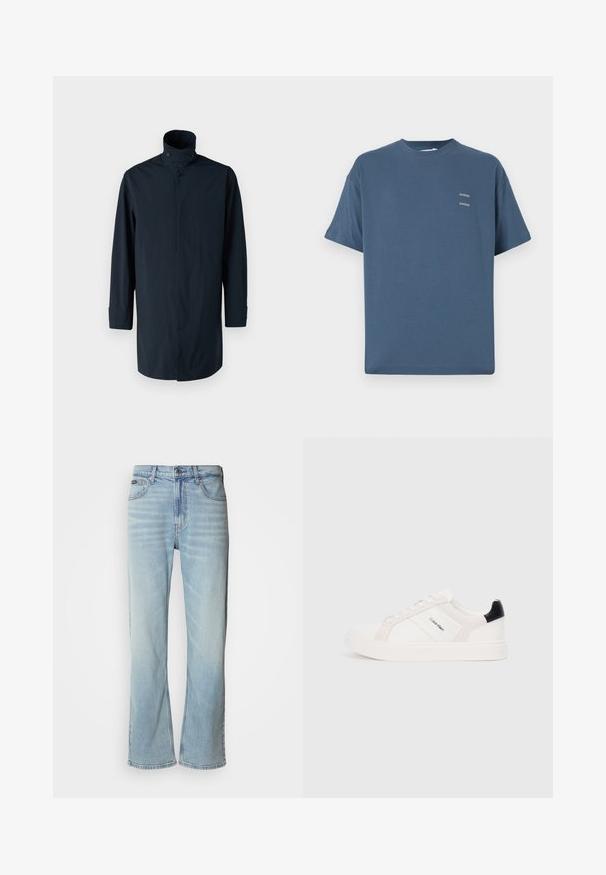 Marineblauwe windjack met hoge kraag, dubbele knoopsluiting, lange mouwen en zijzakken. Gemaakt van lichtgewicht, waterafstotende stof.; Blauwe katoenen t-shirt met een klassieke ronde hals, korte mouwen, een ontspannen pasvorm en twee kleine bedrukte logo's op de borst. Soeple textuur.; Lichtblauwe denim jeans met een rechte pijp, voorzien van vijf zakken, een knoopsluiting en subtiele vervaging op de stof.; Witte sneakers met lichtroze en zwarte accenten, met gladde leren en suède panelen, ronde neus en platte rubberen zool.