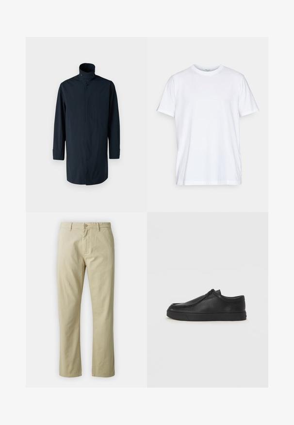 Mornarska jakna z visokim ovratnikom, dvojnim gumbom, dolgimi rokavi in stranskimi žepi. Narejena iz lahkega, vodoodpornega materiala.; Bela bombažna majica s kratkimi rokavi, okroglo ovratnico in sproščenim krojem. Ima minimalističen dizajn, brez vzorcev ali dodatkov.; Bež bombažne hlače s ravnim krojem, sprednjim gumbom in zankami za pas. Gladka tekstura, brez vidnih vzorcev ali akcentov.; Črne usnjene natikače s zaobljenim prstom, šivanim detajlima in črnim gumijastim podplatom. Gladka tekstura z minimalističnim dizajnom.