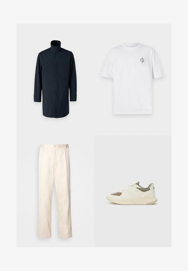 Abrigo tipo windbreaker en color navy con cuello alto, cierre de doble botón, mangas largas y bolsillos laterales. Fabricado en un material ligero y resistente al agua.; Camiseta de algodón blanca con un corte relajado, con un pequeño logotipo gráfico negro en el área del pecho izquierdo. Mangas cortas, estilo cuello redondo.; Pantalones de algodón beige con corte recto, que cuentan con un cierre de botón y pliegues en la parte frontal para un detalle adicional.; Zapatilla deportiva en blanco y beige claro, con parte superior de malla, detalles perforados y una mediasuela texturizada con la marca en el talón.