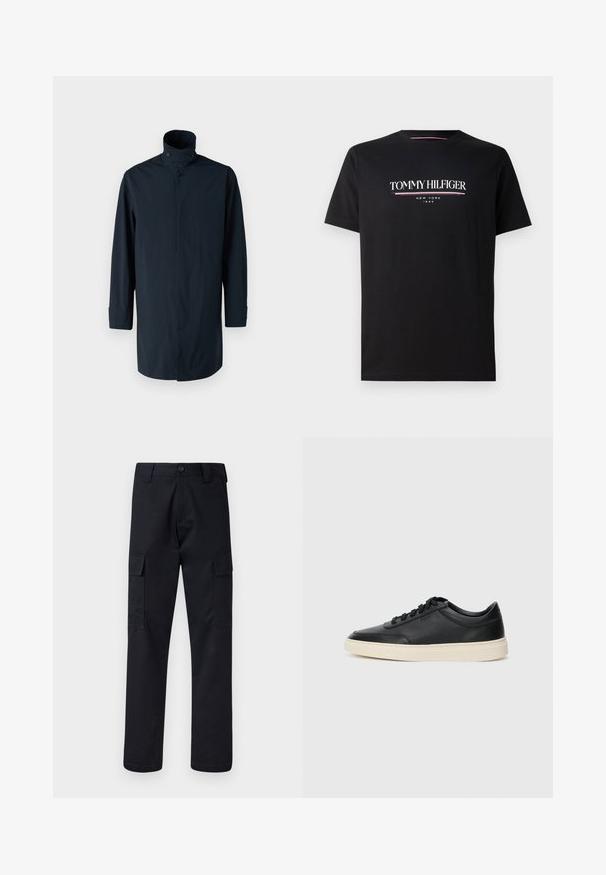 Sini takki tuulta suojaava korkea kaulus, kaksirivinen nappisulku, pitkät hihat ja sivutaskut. Valmistettu kevyestä, vedenpitävästä materiaalista.; Musta puuvillane t-särk, millel on valge ja värviline "TOMMY HILFIGER" logo ning "NEW YORK" ja "1985" väiksemas tekstis all. Lühikesed varrukad, ümmargune kaelus.; Mustat cargo-housut, jotka on valmistettu kestävästä kankaasta, suora lahkeensuukko, kaksi sivutaskua ja napin suljenta vyötäröllä.; Musta matalavartinen nahkastretchu, jossa on mustat nauhat ja vaaleanharmaa pohja, esitetty sivuprofiilissa valkoista taustaa vasten.
