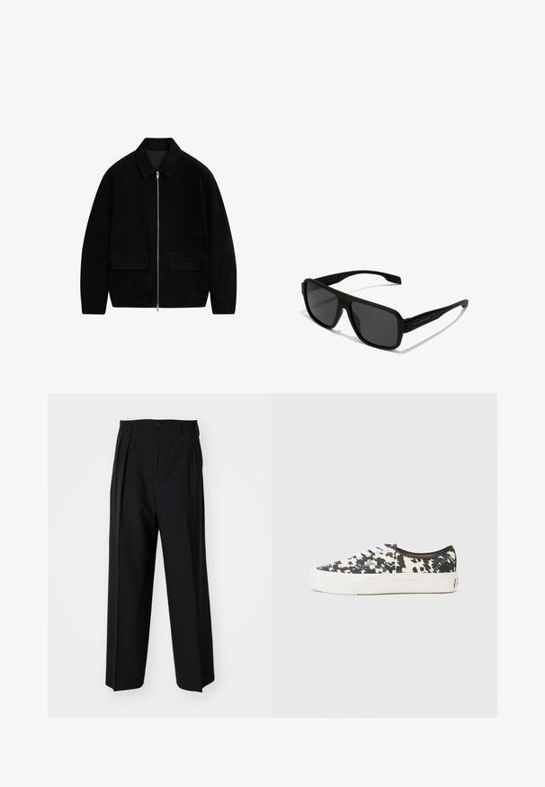 Schwarze Jacke aus weichem Stoff, mit durchgehendem Reißverschluss, spitzem Kragen und zwei Vordertaschen mit glatter Textur.; Weißes Langarmshirt aus weichem Stoff mit rundem Ausschnitt und lockerem Sitz. Glatte Textur ohne Muster oder Verzierungen.; Schwarze, plissierte Hose mit geradem, weitem Bein. Hergestellt aus glattem Stoff, mit Knopfverschluss und Gürtelschlaufen.; Schwarze und weiße Leinenschuhe mit einem Kuhfleckenmuster, weißen Schnürsenkeln und einer weißen Gummisohle. Mit einem Logokennzeichen an der Seite.; Hawkers PARLAY - Sonnenbrille - black