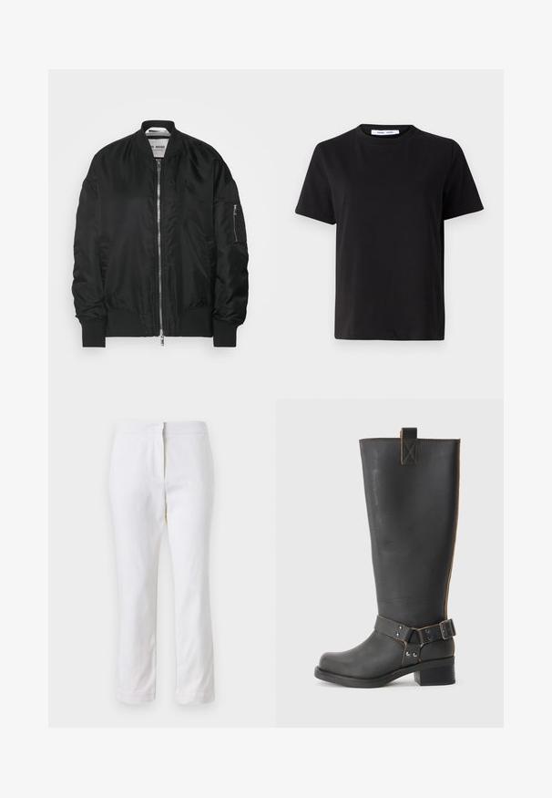 Veste bomber noire en tissu brillant et lisse. Dotée d'une fermeture éclair à l'avant, de poignets côtelés et de plusieurs poches fonctionnelles. Design simple.; T-shirt noir à manches courtes en coton doux, avec un col rond, une coupe décontractée et une texture lisse. Pas de motifs ni de graphiques visibles.; Pantalons en coton blancs avec une coupe droite, dotés d'une taille mi-haute et sans matériel ou motifs visibles. Texture lisse sur l'ensemble.; Bottes noires en cuir, montantes jusqu'au genou, avec une finition texturée, présentant une boucle sur le côté et un talon bas. Couture détaillée le long des coutures.
