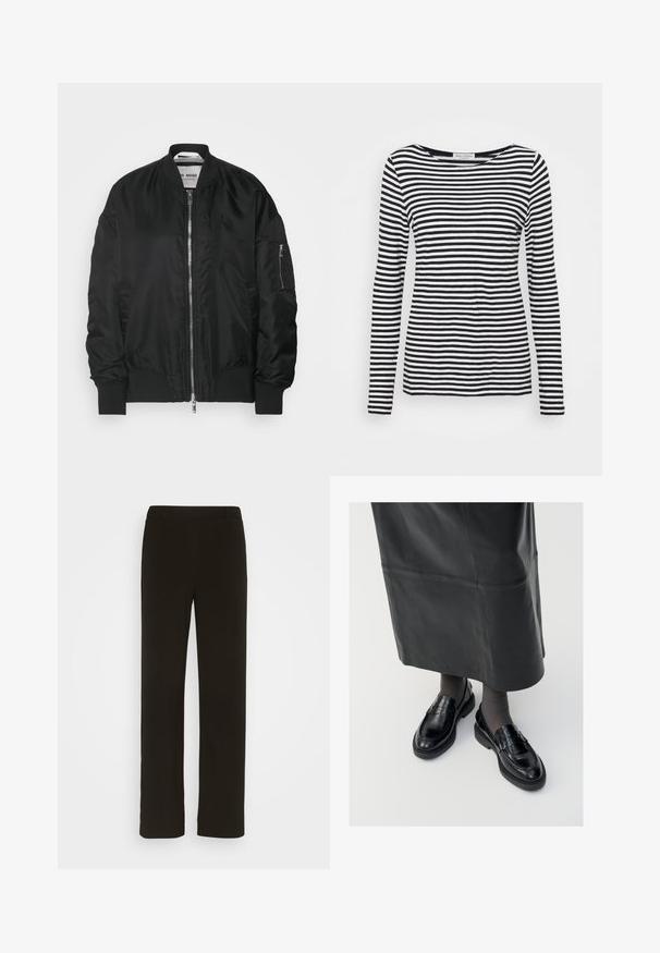Zwarte bomberjack gemaakt van glanzende, gladde stof. Voorzien van een ritssluiting aan de voorkant, geribde manchetten en meerdere functionele zakken. Eenvoudig ontwerp.; Langemouwen, ronde hals T-shirt met een zwart-wit gestreept patroon. Gemaakt van zachte stof met een reguliere pasvorm. Schoon, minimalistisch ontwerp.; Zwarte, rechte broek van geweven stof, met een platte voorkant, twee zijzakken en een gladde textuur. Geen zichtbare patronen of accenten.; Zwarte leren loafers met een gladde afwerking, voorzien van een decoratieve band, ronde neus en gestructureerde zool. Draagt met een lange zwarte leren rok.