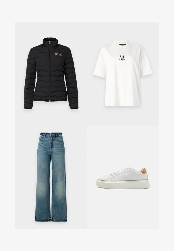 EA7 Emporio Armani Jachetă de iarnă - black; Tricou din bumbac alb, cu mâneci scurte, o croială lejeră și un imprimeu cu logo negru în centrul frontal. Textură netedă, fără modele suplimentare.; Jeans largi din denim albastru deschis cu talie înaltă, cinci buzunare și margini ușor tocite, prezentând o textură uzată și decolorată.; Sneaker alb cu partea superioară din piele netedă, talpă din cauciuc texturat, vârf rotunjit și un detaliu reflectorizant la tocul pantofului.