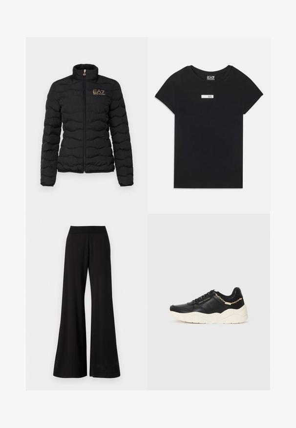EA7 Emporio Armani Winter jacket - black; Black short-sleeve T-shirt made of cotton, featuring a white rectangular logo patch labeled "EA7" on the front chest area.; Black wide-leg pants made of smooth fabric with a high, stretchy waistband. The pants feature a full length and a simple design without patterns.; Black leather sneaker featuring a chunky cream sole, gold-tone chain accent, and black laces. Smooth texture with embossed branding on the side.