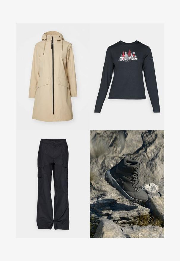 Veste de pluie beige avec capuche, manches longues, fermeture éclair avant et deux grandes poches à l'avant. Présente des cordons de serrage sur la capuche pour un ajustement.; Chemise à manches longues gris foncé avec un motif d'arbres rouges et de montagnes ; logo "COLUMBIA" en lettres blanches en gras. Tissu doux, col rond standard.; Columbia BREA FALLS™ COTTON RIPSTOP PANT - Pantalons outdoor - black; Botte de randonnée gris foncé en matériau synthétique, dotée d'un col rembourré, d'œillets en métal et d'une semelle en caoutchouc texturé pour une adhérence optimale.
