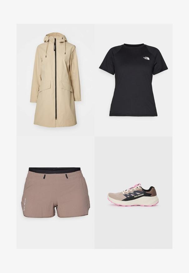 Béžová dešťová bunda s kapucí, dlouhými rukávy, předním zipem a dvěma velkými předními kapsami. Obsahuje šňůrky na kapuci pro nastavení.; Černé sportovní tričko s krátkým rukávem a kulatým výstřihem, se značkou The North Face na levé části hrudníku.; Krémové šortky vyrobené z lehkého materiálu, s texturovaným vzorem, elastickým pasem s černými akcenty a dvěma bočními kapsami.; Béžová a růžová běžecká obuv Salomon s černým logem a designovými akcenty, krémovou mezipodešví a růžovou podrážkou, zobrazená z boku na jednobarevném pozadí.
