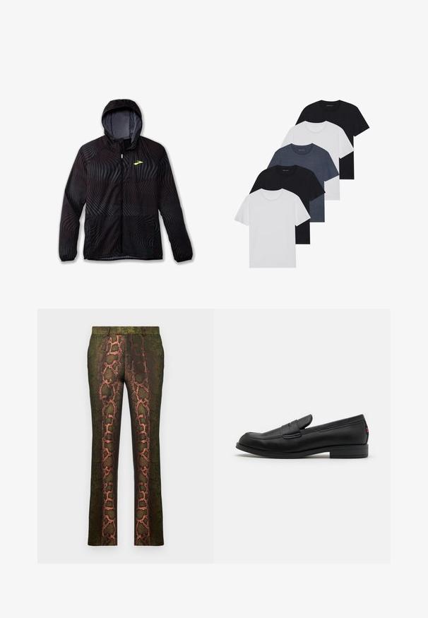 Brooks CANOPY - Running jacket - surge; Set of five t-shirts in black, white, and navy blue. Cotton fabric, short sleeves, crew neck design, and plain texture with no patterns.; Green patterned trousers featuring a snake print design with shades of brown and orange, straight cut, and a smooth texture.; Black leather loafers with a smooth finish, rounded toe, and a small decorative flap. Features a low stacked heel and subtle branding detail.