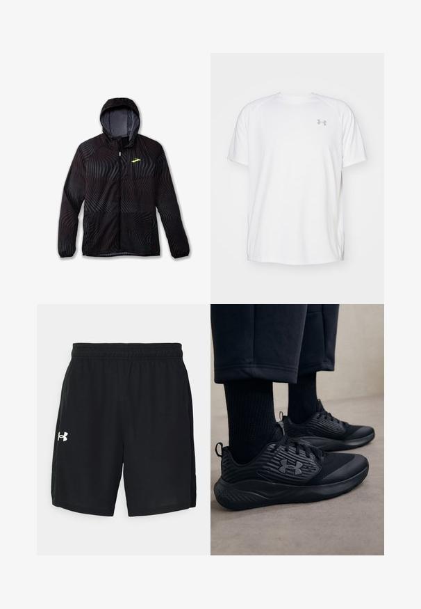 Brooks CANOPY - Sporta jaka - surge; Baltas īsajiem piedurknēm sporta krekls, izgatavots no gludas auduma. Tam ir apaļa kakla izgriezums un pelēks logo uz kreisās krūtis, kā arī sānu šķēlumi apakšmalā.; Melni sporta šorti, kas izgatavoti no viegla auduma, ar elastīgu jostasvietu un balto logotipu kreisajā pusē.; Persona, kurš valkā melnus sporta apavus ar teksturētām sāniem un logo, kombinēti ar melnām zeķēm un īsām biksēm uz gaišas grīdas.